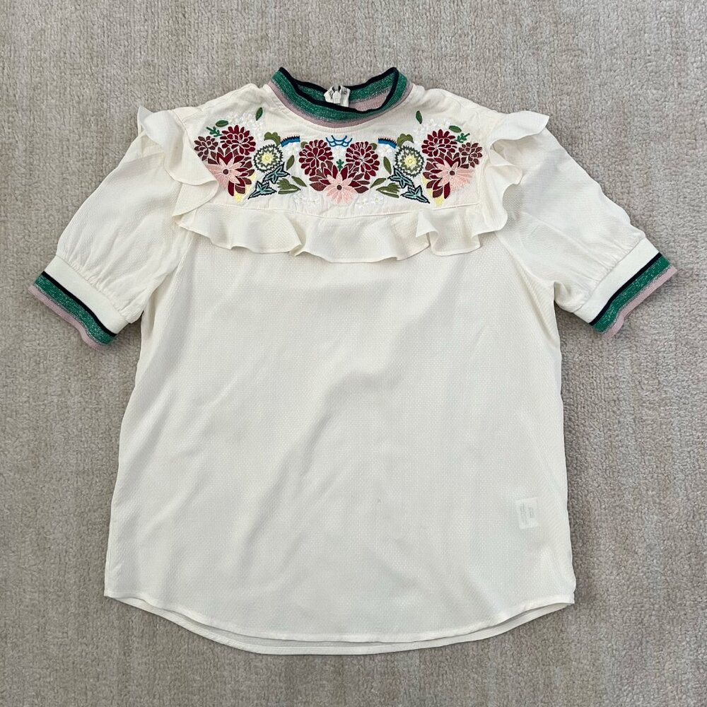 Anthropologie A Picture’s Worth Floral Embroidered Sheer Ruffle Blouse Top XS